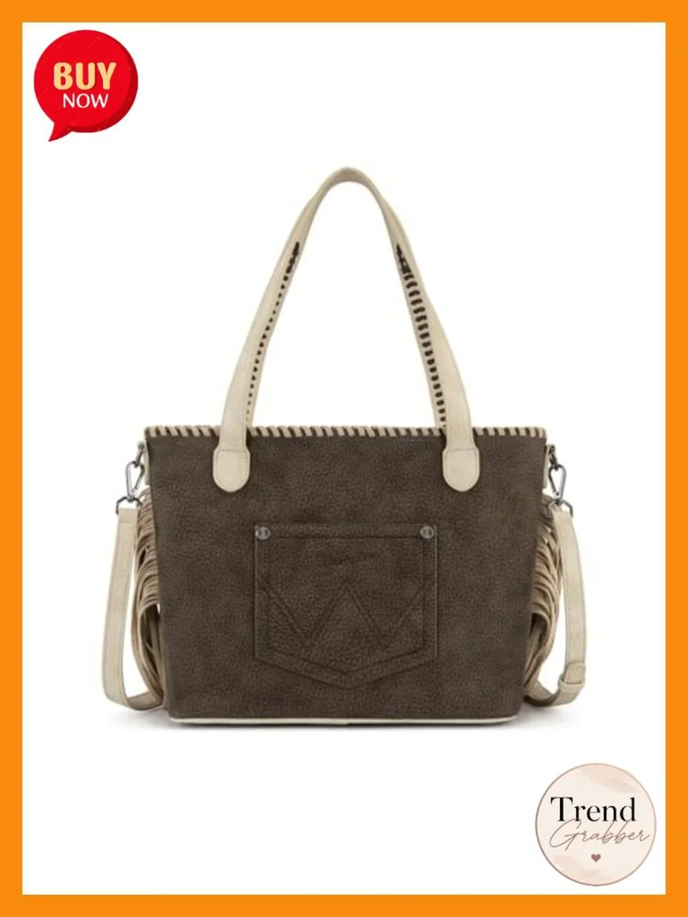 Faux Leather Tote Bag with Fringe and Whipstitch Detail Crossbody